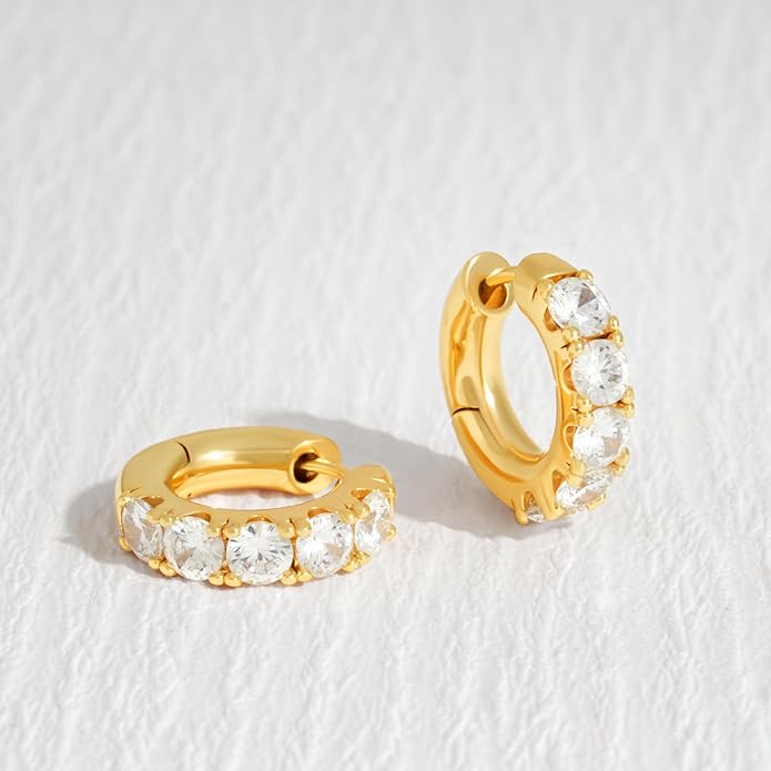 Gold Huggie Hoop Earrings 14K Gold Plated Dainty Chunky Thick Hoop Diamond Cubic Zriconia Inlay Sleeper Tiny Delicate Boho Beach Simple Hypoallergenic Jewelry Gift for Her