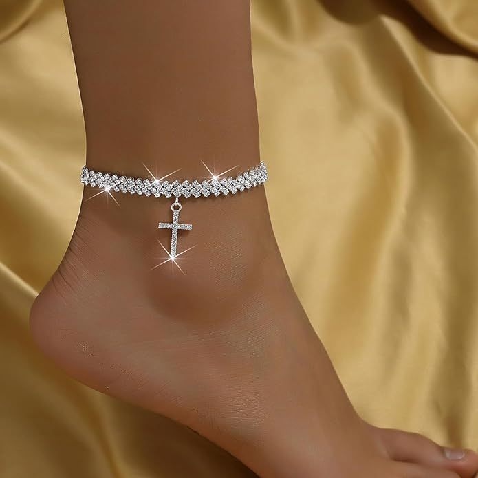 Ankle Bracelets for Women Waterproof Sparkly Anklets Tennis Rhinestone Anklets for Women Starfish Infinity Heart Cross Anklet Bracelet Beach Jewelry