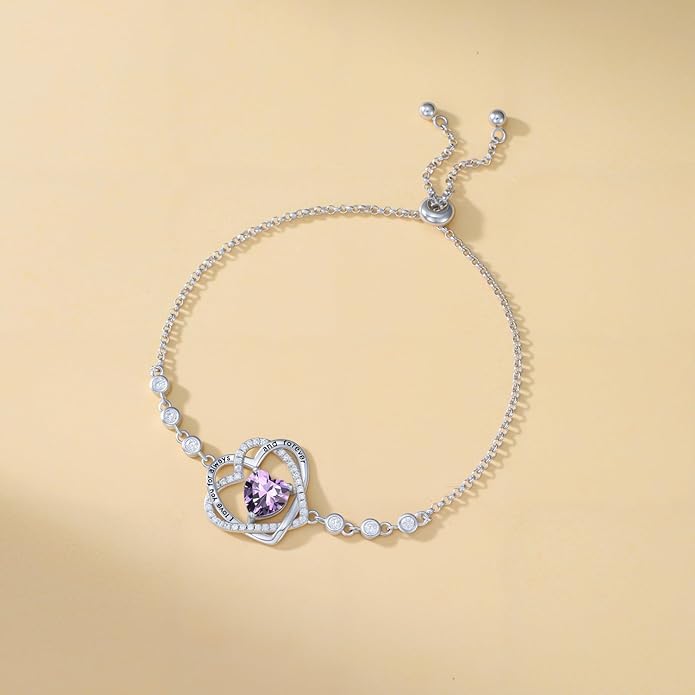 TOUPOP Heart Birthstone Bracelet 925 Sterling Silver Double Heart Bracelet Love You for Always and Forever Jewelry Anniversary Birthday Christmas Gifts for Women Wife Her