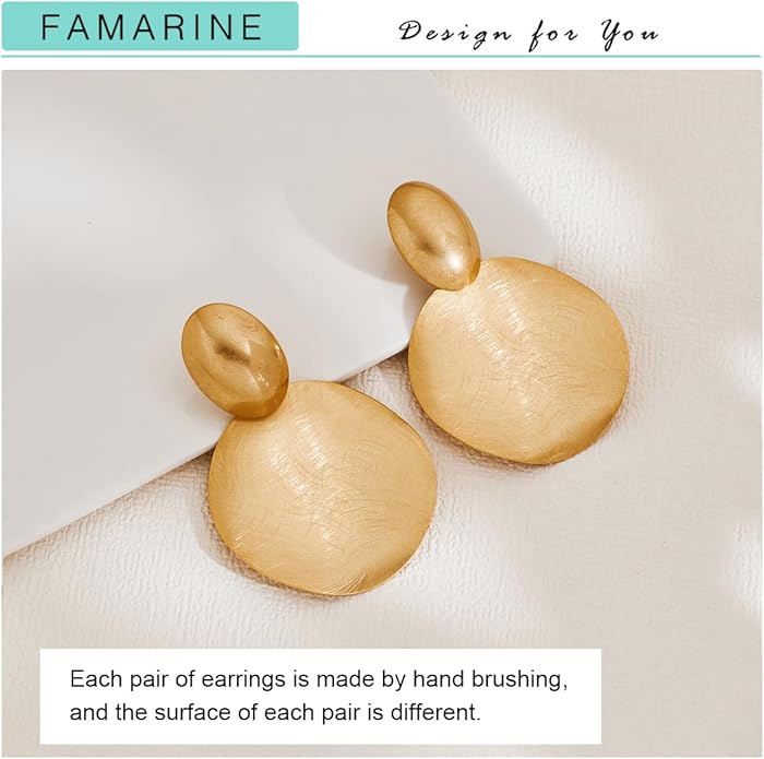FAMARINE Big Disc Drop Earrings Gold Dangle Earrings Round Hammered Earrings Women