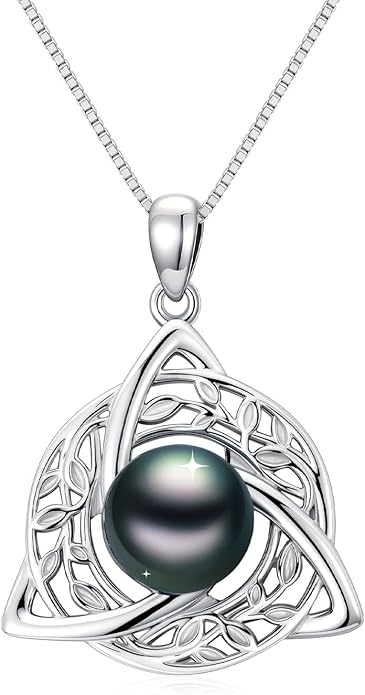 KANNSOAR Tahitian Black Pearl AAAA 18K White Gold Plated Sterling Silver Leaf Celtic Knot Pendant Necklace for Women Wife Mom Girlfriend Her Jewelry Gift for Anniversary Birthday