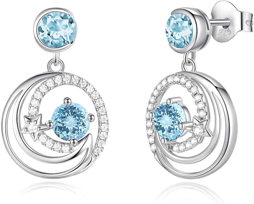FANCIME Dangle Drop Earrings 925 Sterling Silver Moon Star Round Gemstone Birthstone Jewelry Birthday Christmas Gifts for Her Women