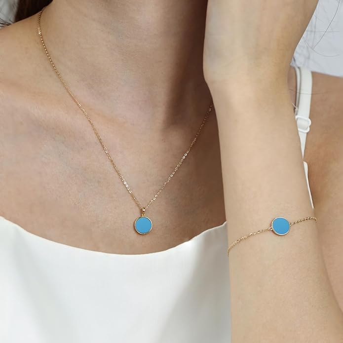 AGVANA Valentines Day Gifts 14K Solid Real Gold Coin Necklace Bracelet for Women Mother of Pearl/Abalone/Turquoise/Black Onyx/Opal Fine Jewelry Anniversary Birthday Gifts for Women Mom Wife Her