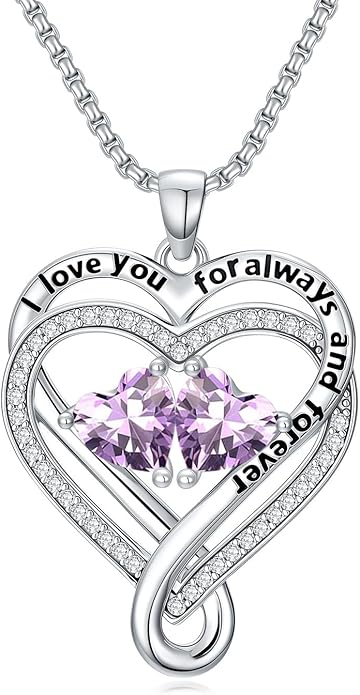 I Love You for Awlays and Forever Double Heart Necklace with Birthstone, 2 Birth Stone Jewelry Anniversary Valentines Mothers Day Christmas Birthday Gifts for Women Her Wife Girlfriend Mom Mother