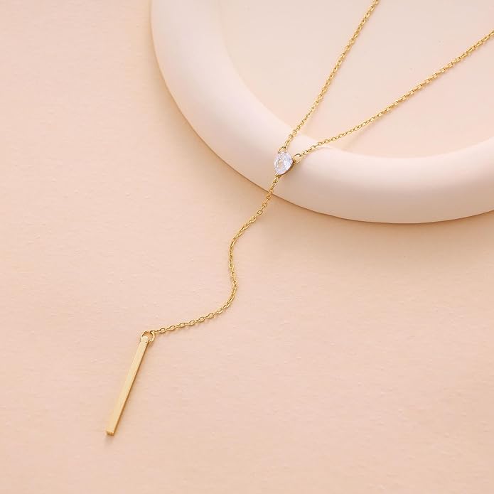Gold Necklace for Women, Dainty Gold Long Necklaces 14k Gold Plated Prom Bar CZ Lariat Necklace Simple Choker Necklaces for Women Trendy Boho Fashion Costume Jewelry Womens