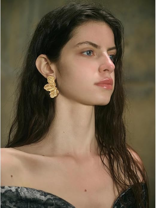 Chunky Gold Statement Earrings For Women Gold Plated Sectored Flower Leaf Shell Angel Wing Earrings Large Stud Earrings Hypoallergenic Earrings