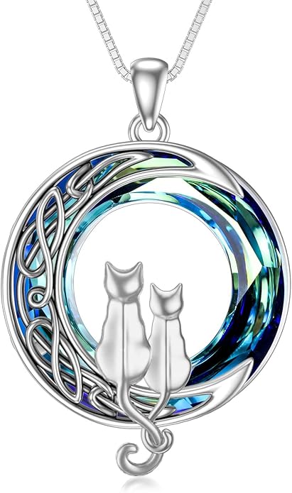 TOUPOP Christmas Cat Gifts for Cats Lovers One Two Three Four Cats Necklace Sterling Silver Cats on the Moon Pendant Necklace with Blue Circle Crystal Birthday Christmas Celtic Jewelry Gifts for Women