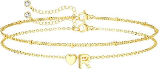 DEARMAY Dainty Initial Heart 14K Gold Plated Bracelets for Women Trendy, Letter Charm Bracelet Jewelry Cute Simple Fashion Chain Gift