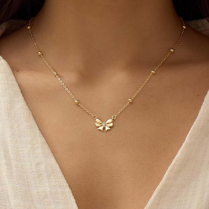 Gold Necklace for Women Dainty Bow Necklace 14K Gold Plated Cute Choker Necklace Small Bow Pendant Charm Necklaces Teen Gift Trendy Stuff Personalized Jewelry Gifts