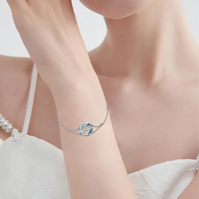 JUSTKIDSTOY Birthday Gifts Bracelet for Women Girls 925 Sterling Silver Celtic Moon Star Bracelets with Blue Crystal Pendant Jewelry for Sister Friends