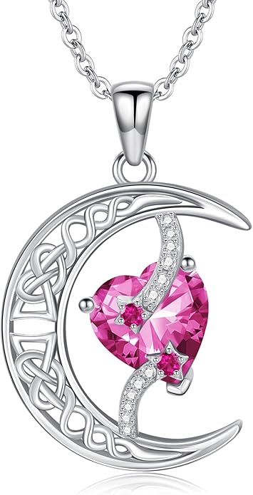TOUPOP Moon and Star Birthstone Necklace for Women 925 Sterling Silver Celtic Moon Jewelry Birthday Christmas Gifts for Her Girlfriend