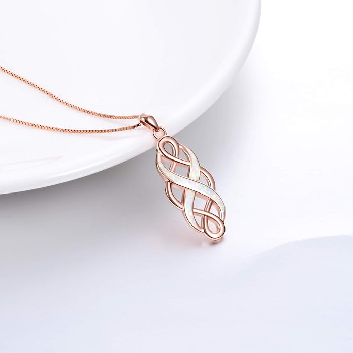 YFN Irish Celtic Knot Created Opal Pendant Necklace Sterling Silver Black Necklaces for Women Men 18"