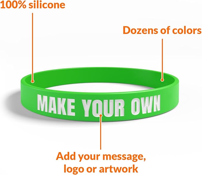 Custom Wristbands For Events, Fundraisers & Promotions | Add Text, Icons, & Logos | Bulk Rubber Bracelets | Classic 1/2” | 100% Silicone