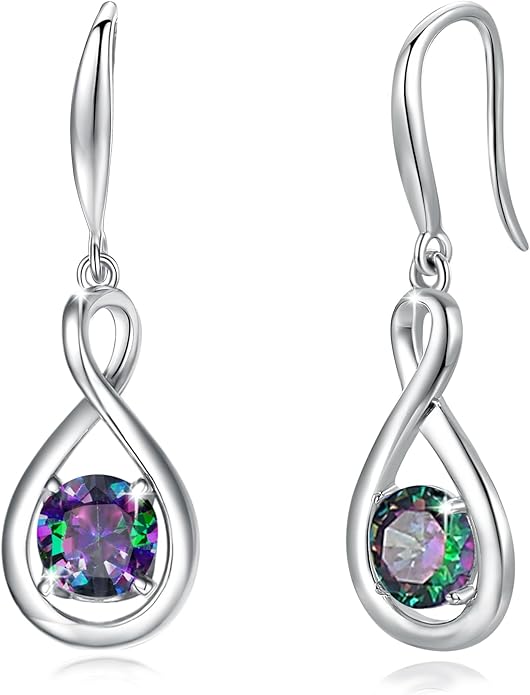 FANCIME Dangle Drop Earrings 925 Sterling Silver Dainty Infinity Round Gemstone Birthstone Jewelry Birthday Gifts for Her Women