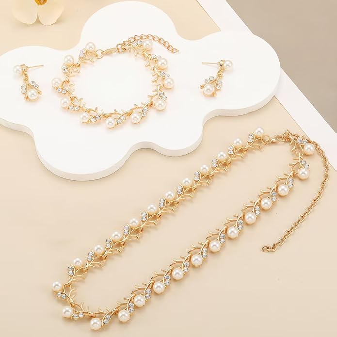 la luen Pearl Bride Wedding Jewelry Set Faux Pearls Crystal Rhinestone Necklace Earrings Bracelet Sets for Women Bridesmaid(3 PCS)