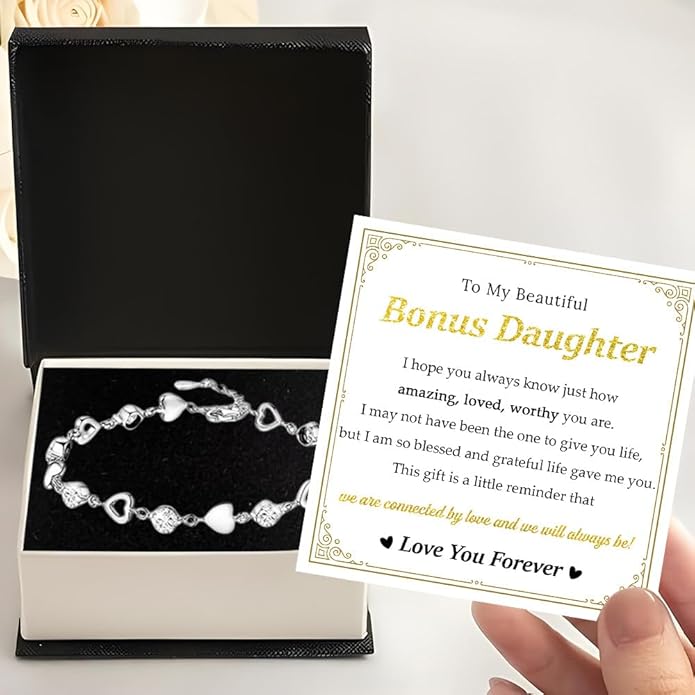 To My Bonus Daughter Heart Bracelet Gift, Beautiful Bonus Daughter Jewelry From Step Mom Dad With Message Card and Box Meaning, Christmas Graduation Birthday Gifts, To My Stepdaughter Bracelet