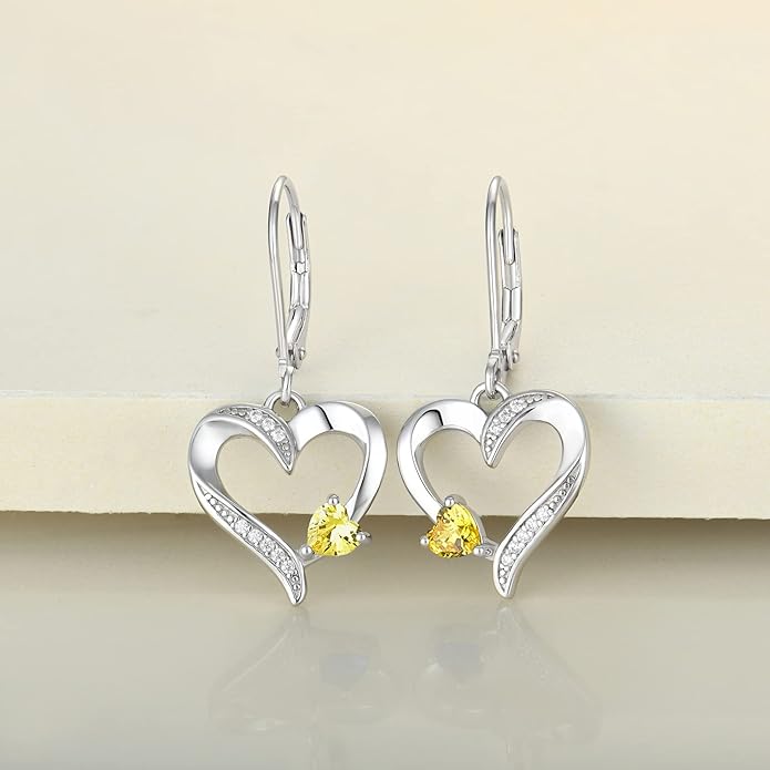 YL Heart Dangle Earrings 925 Sterling Silver Drop Earrings Birthstone Leverback Jewelry for Women