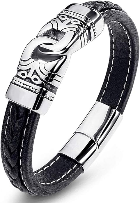 Mens Leather Bracelet,Braided Leather Wristband Cuff Bracelets Stainless Steel Clasp,Jewellery Gift for Men