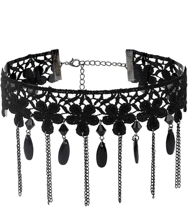 Gothic Lace Choker Necklace for Women,Vintage Black Crystal Hollowed Out Choker Statement Punk Style Layered Tassels Necklace Halloween Dark Witch Costume