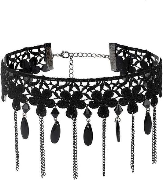 Gothic Lace Choker Necklace for Women,Vintage Black Crystal Hollowed Out Choker Statement Punk Style Layered Tassels Necklace Halloween Dark Witch Costume