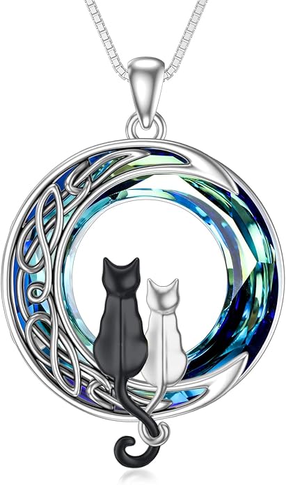 TOUPOP Christmas Cat Gifts for Cats Lovers One Two Three Four Cats Necklace Sterling Silver Cats on the Moon Pendant Necklace with Blue Circle Crystal Birthday Christmas Celtic Jewelry Gifts for Women