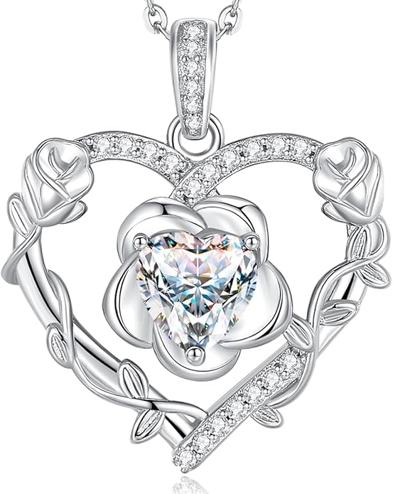AGVANA April Birthstone Jewelry CZ Necklace for Women Sterling Silver Heart Rose Flower Pendant Necklace Anniversary Birthday Gifts for Women Mom Wife Her