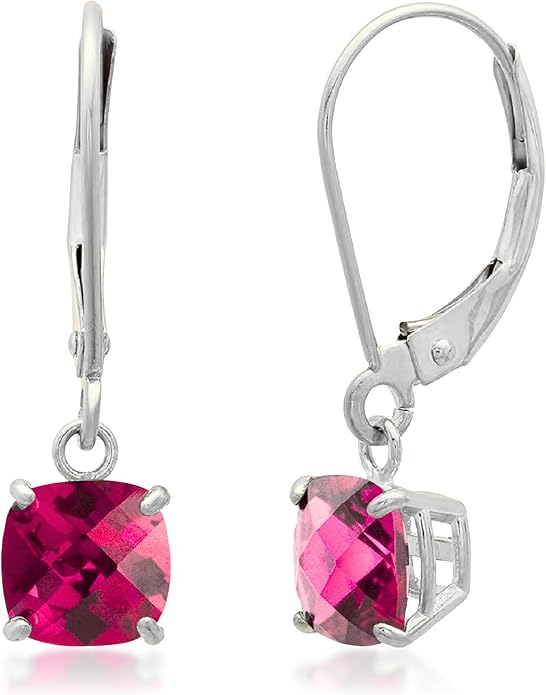 Solid 10K Gold Cushion Cut Dangle Gemstone Earrings for Women | 6mm Gemstone Birthstone Earrings | Checkerboard 10 Karat Gold Dangle Drop Leverback Earring for Women by MAX + STONE