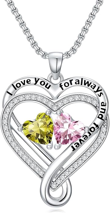 I Love You for Awlays and Forever Double Heart Necklace with Birthstone, 2 Birth Stone Jewelry Anniversary Valentines Mothers Day Christmas Birthday Gifts for Women Her Wife Girlfriend Mom Mother