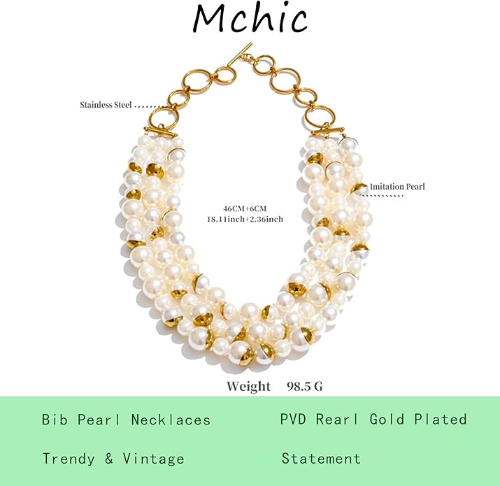 Layered Pearl Statement Necklace for Women, Chunky Multi Strand Imitation Pearl Choker Collar Necklace with Gold Accents, Vintage Gatsby Jewelry for Wedding Party Evening Cocktail Prom