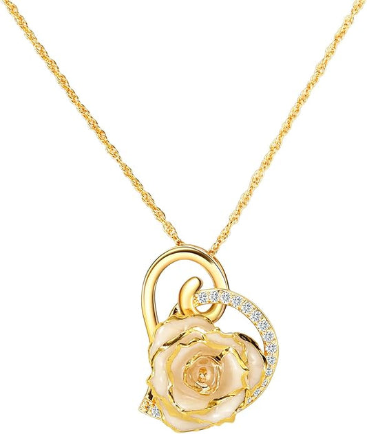AliveRose Real Rose Gold Dipped Necklace Gifts for Women, 24K Gold Dipped Rose Pendant Necklace Jewelry Mothers Day Anniversaries Birthday Christmas Special Occasions Gifts for Her Mom Wife