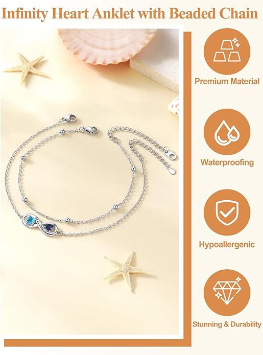 Custom4U Personalized Infinity Ankle Bracelets for Women 925 Sterling Silver Anklet Bracelet Endless Love Symbol Birthstone Charm Adjustable Foot Chain Jewelry Mothers Day Gifts for Mom Wife Women Her
