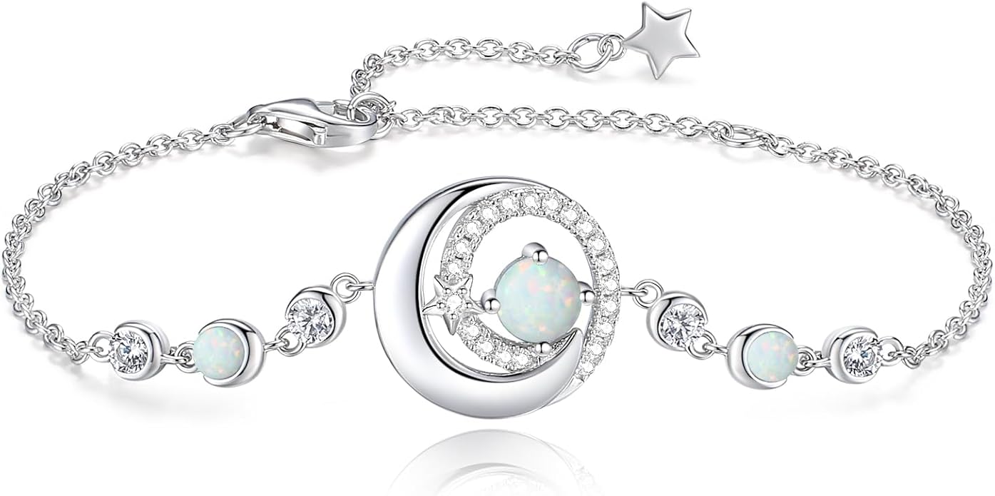 FANCIME Birthstone Bracelets 925 Sterling Silver Moon and Star Bangle Charm Bracelet Fine Jewelry Birthday Anniversary Christmas Day Gift for Her Women, Adjustable Chain 6.7"+1.2" Extend
