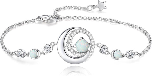 FANCIME Birthstone Bracelets 925 Sterling Silver Moon and Star Bangle Charm Bracelet Fine Jewelry Birthday Anniversary Christmas Day Gift for Her Women, Adjustable Chain 6.7"+1.2" Extend