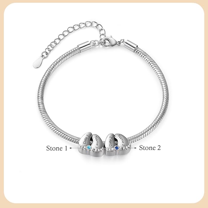 Jeweidea Personalized Foot Charm Birthstone Bracelet – Custom Engraved Bracelet with 1–5 Foot Charms, Name and Date Engraving, Meaningful Jewelry Gift for Mom Wife
