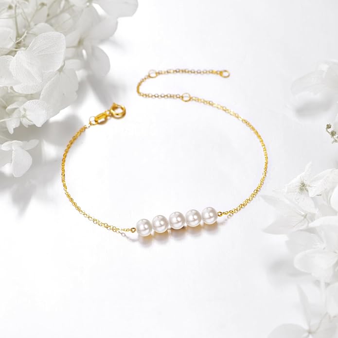 KECHO 14K Real Gold Freshwater Cultured Pearl Bracelet 14K Solid Gold Jewelry Anniversary Birthday Gift for Women
