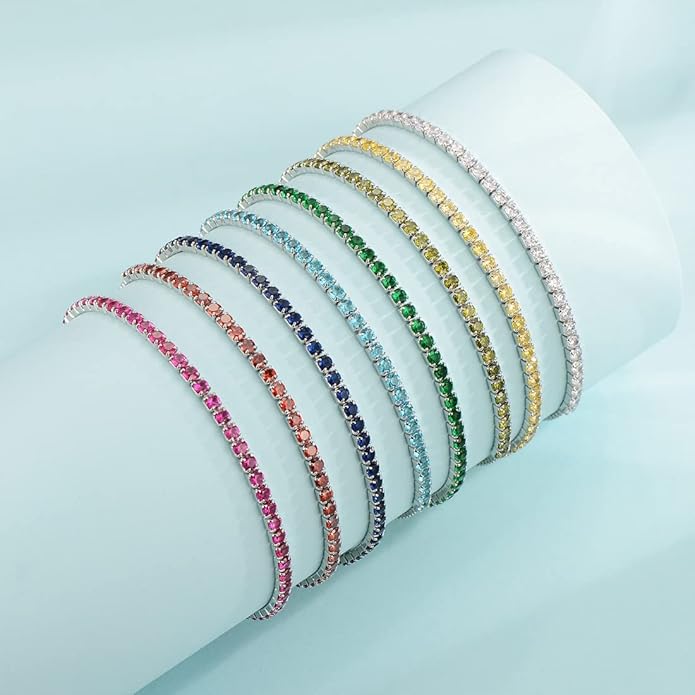 Sterling Silver Birthstone Tennis Bracelets for Women 2.5mm Tennis Bolo Bracelet Fashion Jewelry Birthday Gifts for Women Mom Wife | Adjustable Size 9"