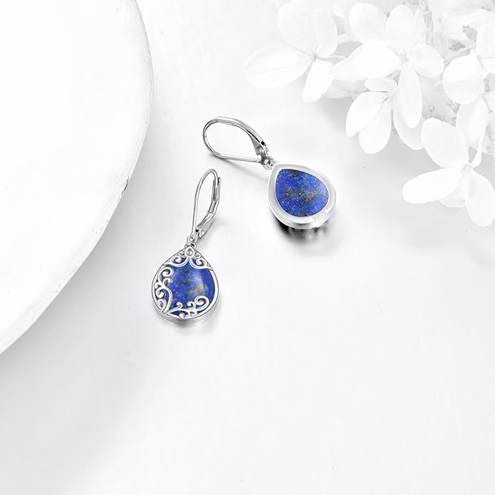 Filigree Earrings Sterling Silver Teardrop Moonstone Moss Agate Lapis Lazuli Larimar Emerald Peridot Opal Dangle Dangly Drop Leverback Earrings Boho Jewelry Gifts for Women