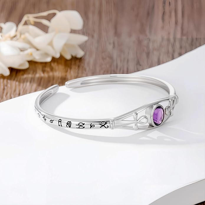 Amethyst Ankh Cross Cuff Bracelet Sterling Silver Egyptian Protection Bangle, February Birthstone Gift for Her Purple Crystal Healing Jewelry
