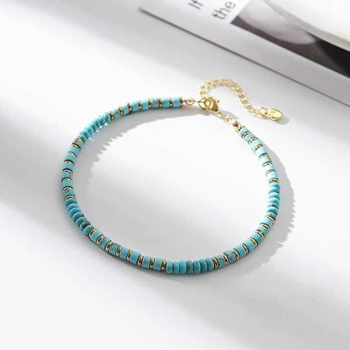 XIJIN Natural Stone Beaded Anklets for Women Handmade Beach Boho Turquoise Beads Ankle Bracelet Jewelry Gift for Her