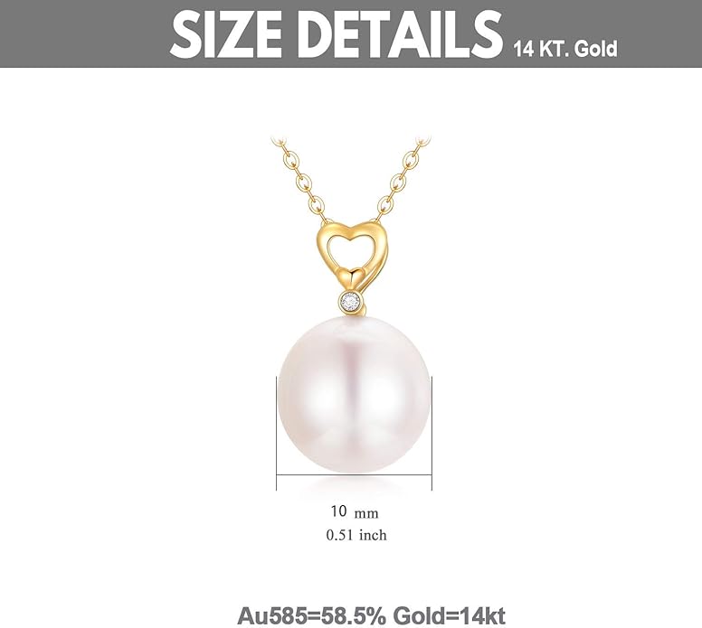 14K Solid Gold Pearl Necklace, Dainty AAA Quality Pearl Heart Pendant Valentine's Day Love Jewelry Present for Women, Wife, Mother, 16"-18"