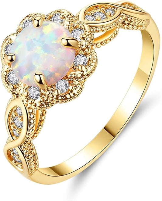 CiNily 18K Gold Plated Opal Ring-White Fire Opal & Amethyst & Cubic Zirconia Women Jewelry Gemstone Engagement Anniversary Ring Size 5-13
