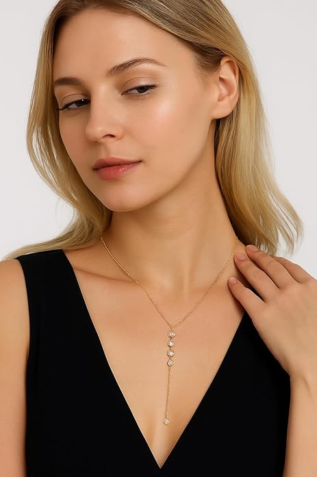 14K Gold Plated Y Necklace for Women – Dainty Lariat Long Pendant Chain, Layered Drop Necklace for V Neck Dress, Simple Sexy Cleavage Jewelry Gifts for Women
