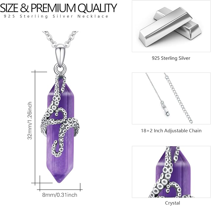OHAYOO Octopus Tentacles Necklace 925 Sterling Silver Octopus Pendent Necklace Wrapped Obsidian Octopus Jewelry Gifts for Women