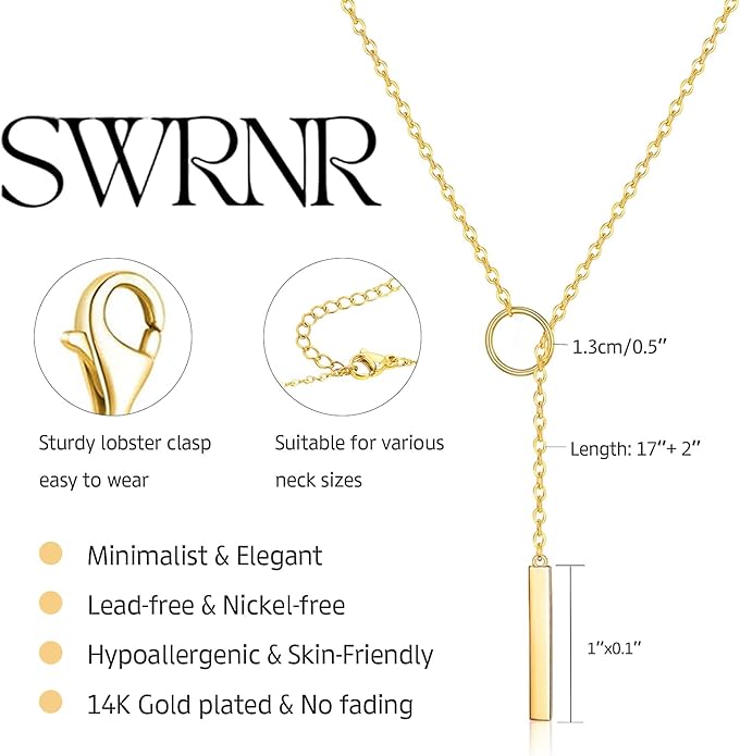 Lariat Necklace for Women, Dainty 14K Gold/Silver Plated Long Necklaces for Women Trendy Simple Layered Y-Shaped Drop Pendant Necklace Adjustable Gold Jewelry Gifts For Her Christmas Stocking Stuffer