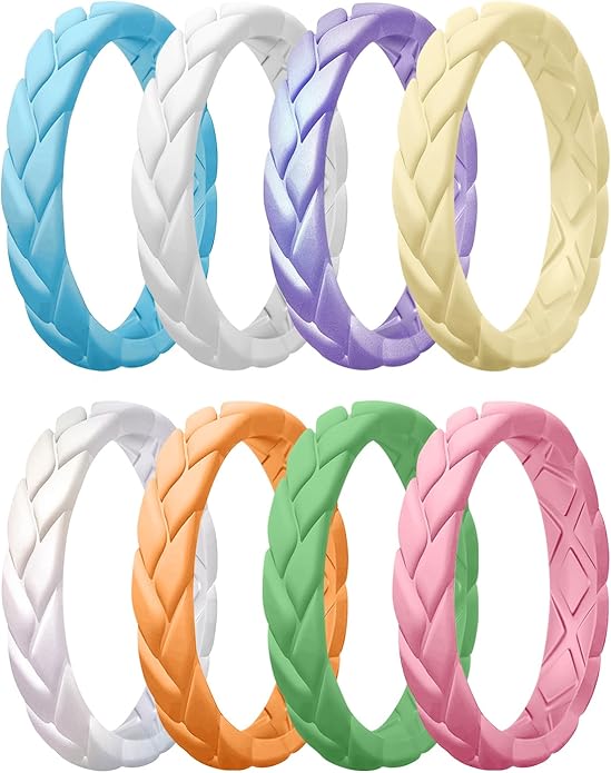 Egnaro Women's Silicone Stackable Rings 3.5mm Wide 2mm Thick, Rubber Flexible Hypoallergenic Wedding Bands For Workout Leaf Braided Fashion