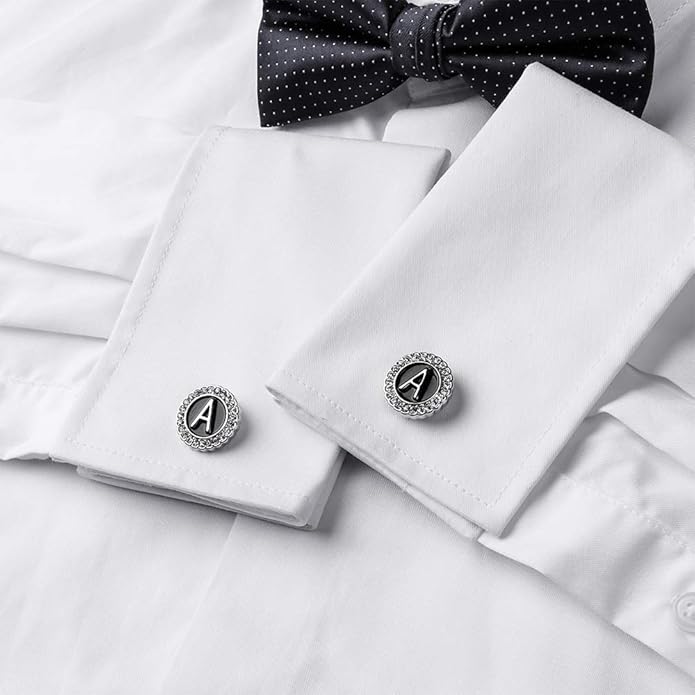 HAWSON A-Z Initial Cufflinks for Men and Women with Clear Crystal, Gold Silver Color Rasied Letter A-Z Cuff Links for French Shirt, Gift for Normal and Business Wearing