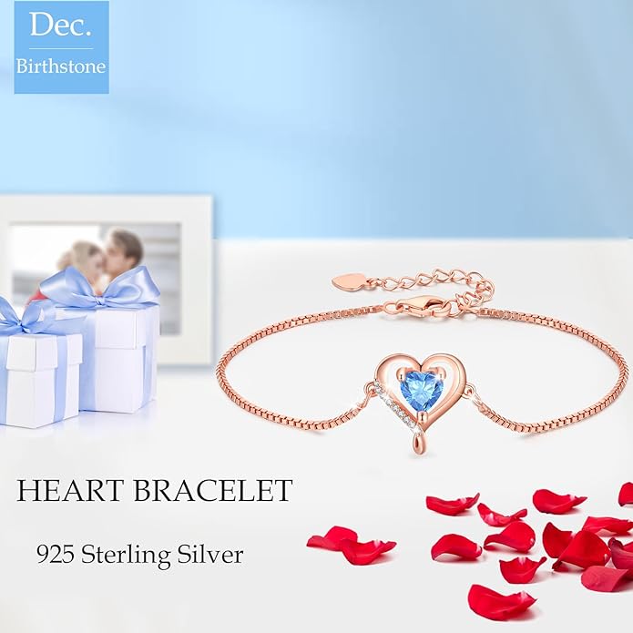 LAVUMO Love Heart Bracelets for Women 925 Silver Charm Birthstone Bracelet Adjustable Anniversary Birthday Jewelry Gifts for Women Girlfriend Wife Daughter Mom Her