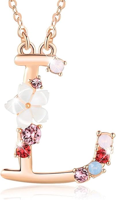 Flower Initial Letter Necklace Pink Red Blue Simulated Pearl Pendant Name Jewelry Made with Austrian Crystals Rose Gold Plated Anniversary Birthday Gifts for Women,18"+2"