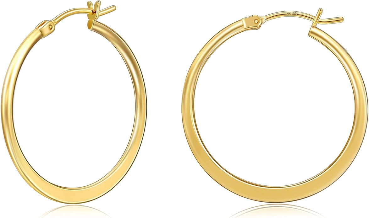 Gacimy Flattened 14K Gold Plated Hoop Earrings for Women, 14K Real Gold Plated Hoops with 925 Sterling Silver Post,Hypoallergenic Lightweight Earring
