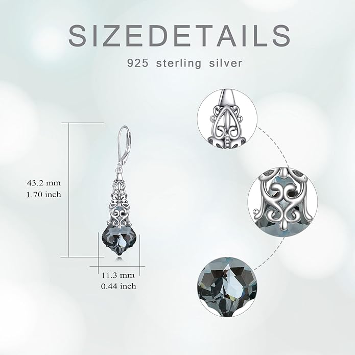 Austrian Crystal Dangle Drop Leverback Earrings for Women 925 Sterling Silver Vintage Oxidized Butterfly Filigree Hypoallergenic Jewelry